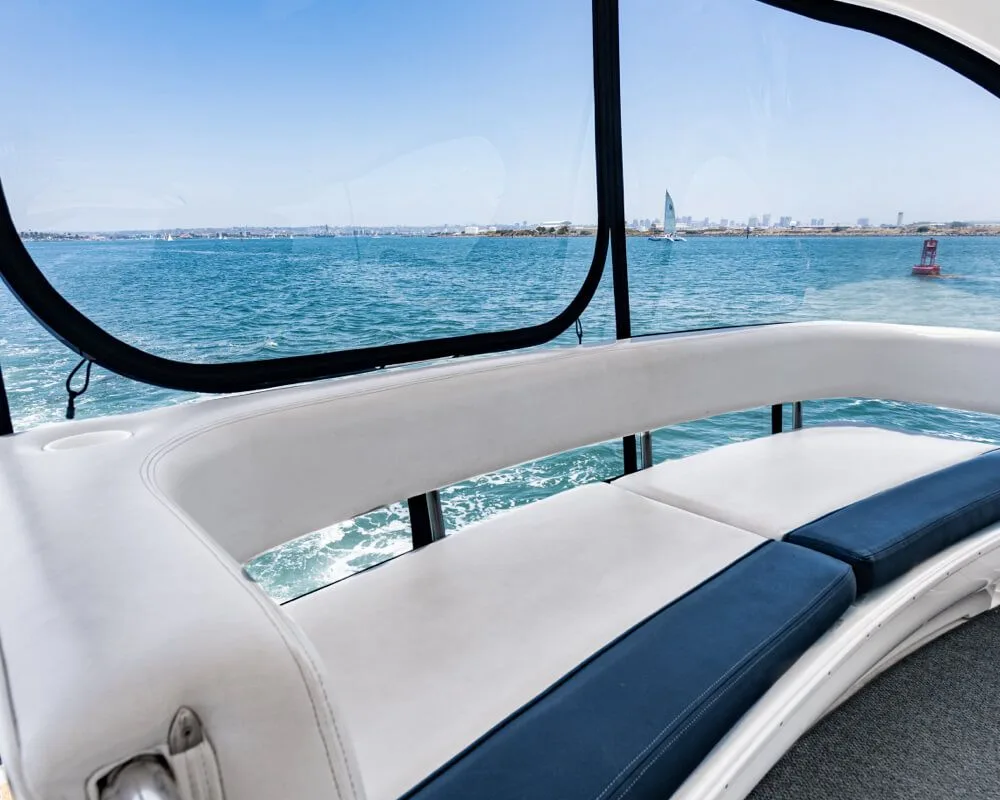 The flybridge seating area aboard the Sea Ray 56