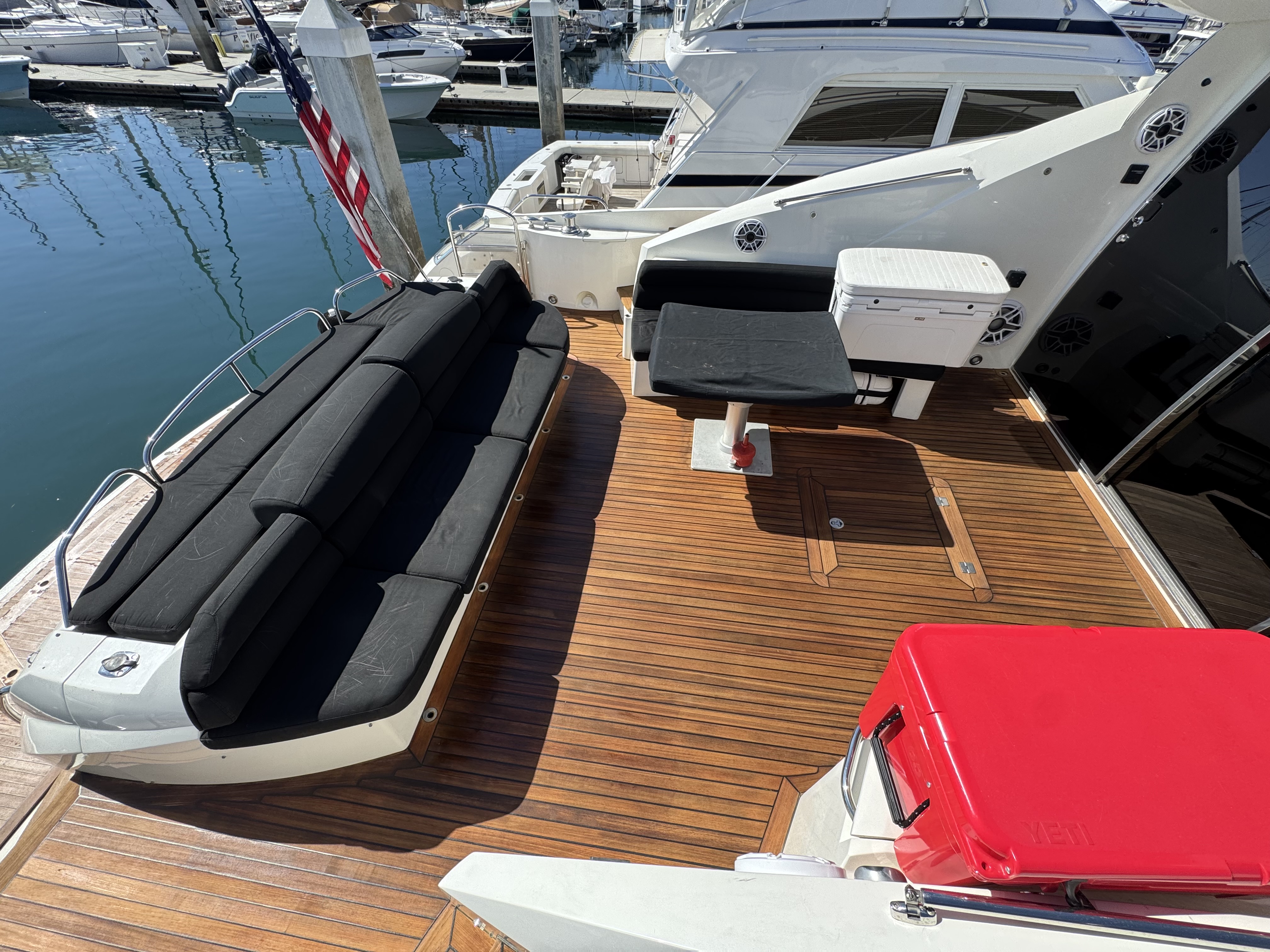 Aft deck seating aboard the Sunseeker Predator 72