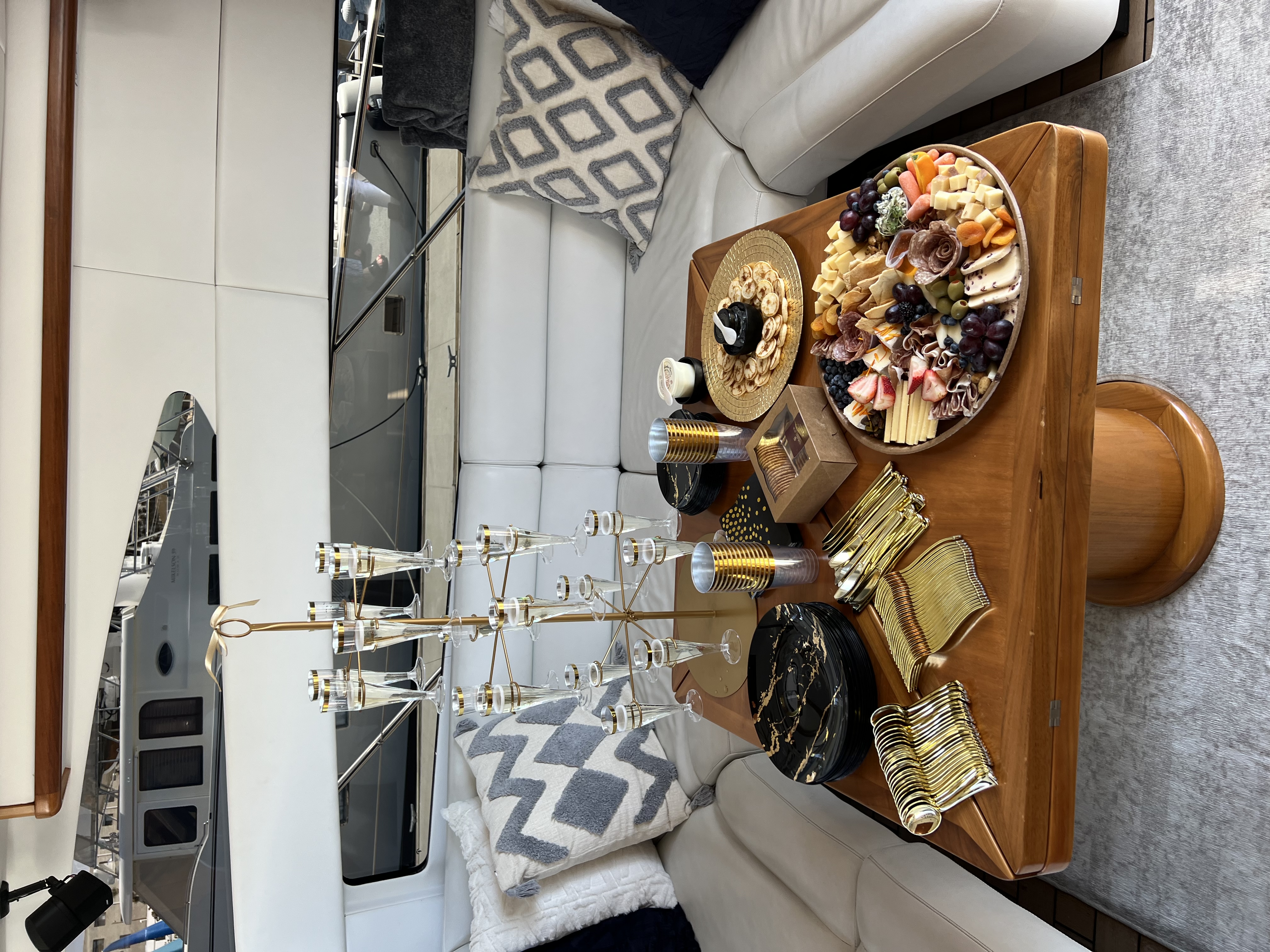 Cockpit lounge set for entertaining aboard the Sunseeker Predator 72