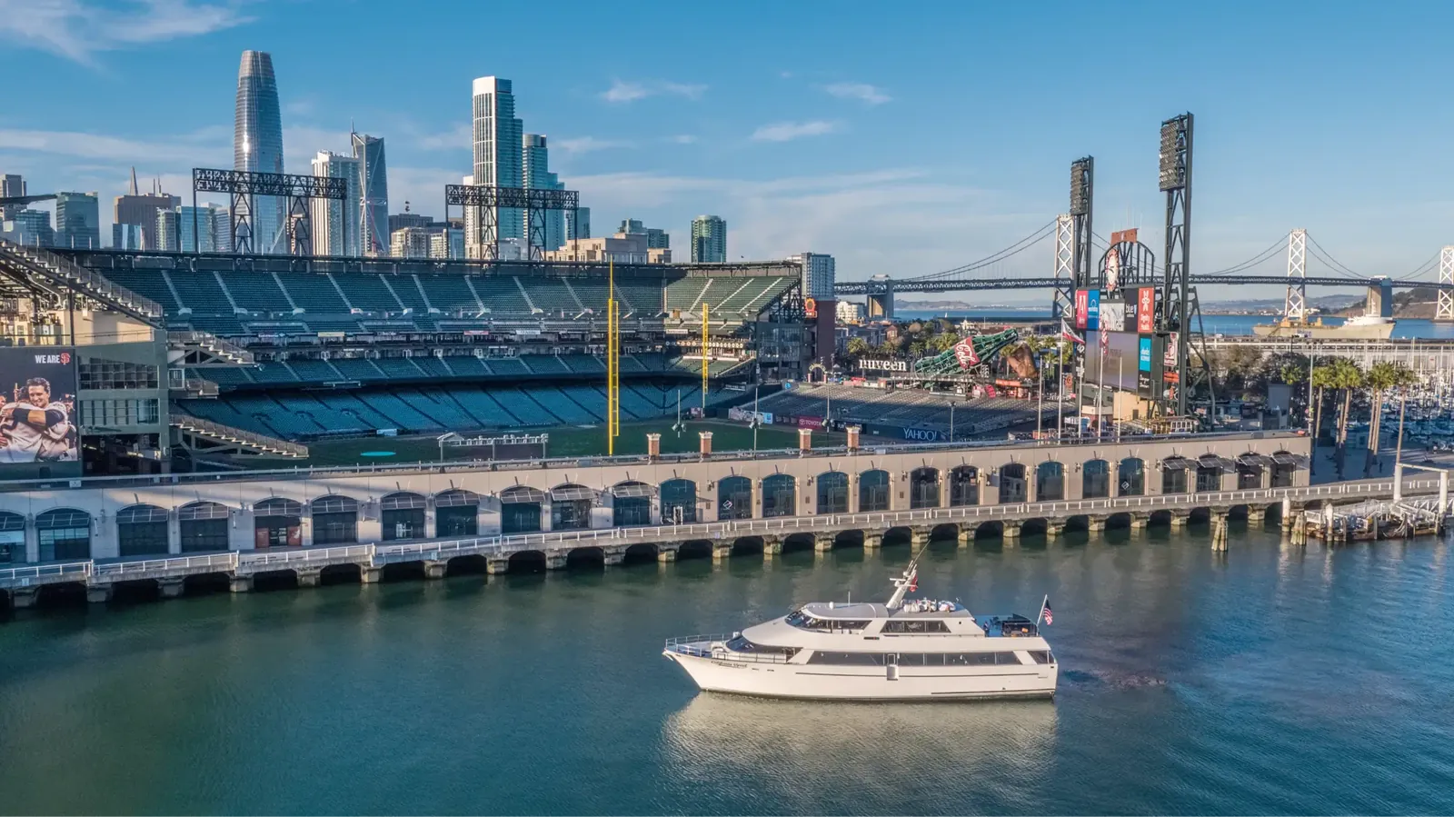 Aerial view of a charter yacht cruising San Diego Bay