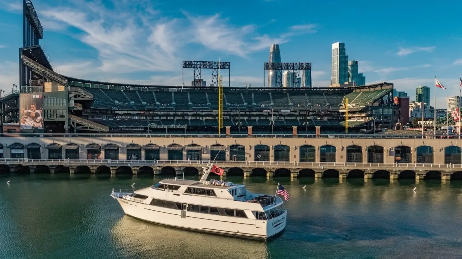 Aerial view of a private motor yacht at anchor
